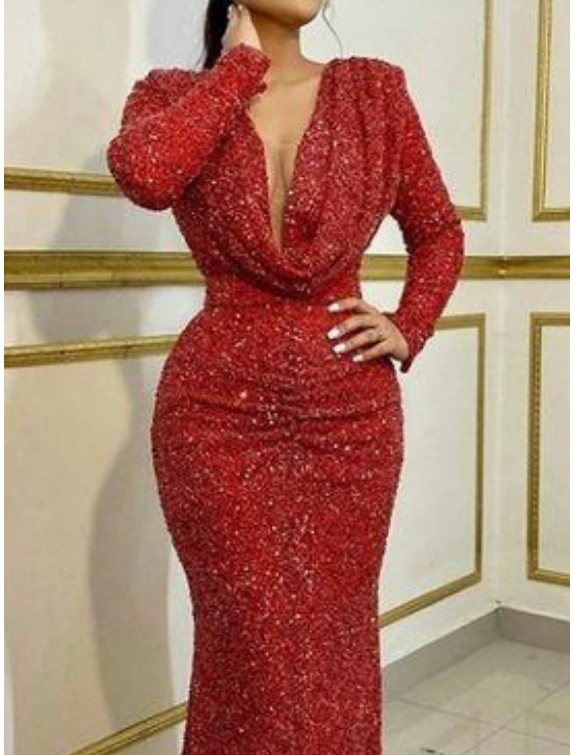 Mermaid Dress Evening Gown Elegant Christmas Red Green Dress Formal Sweep / Brush Train Long Sleeve V Neck Sequined with Glitter Pleats 2025